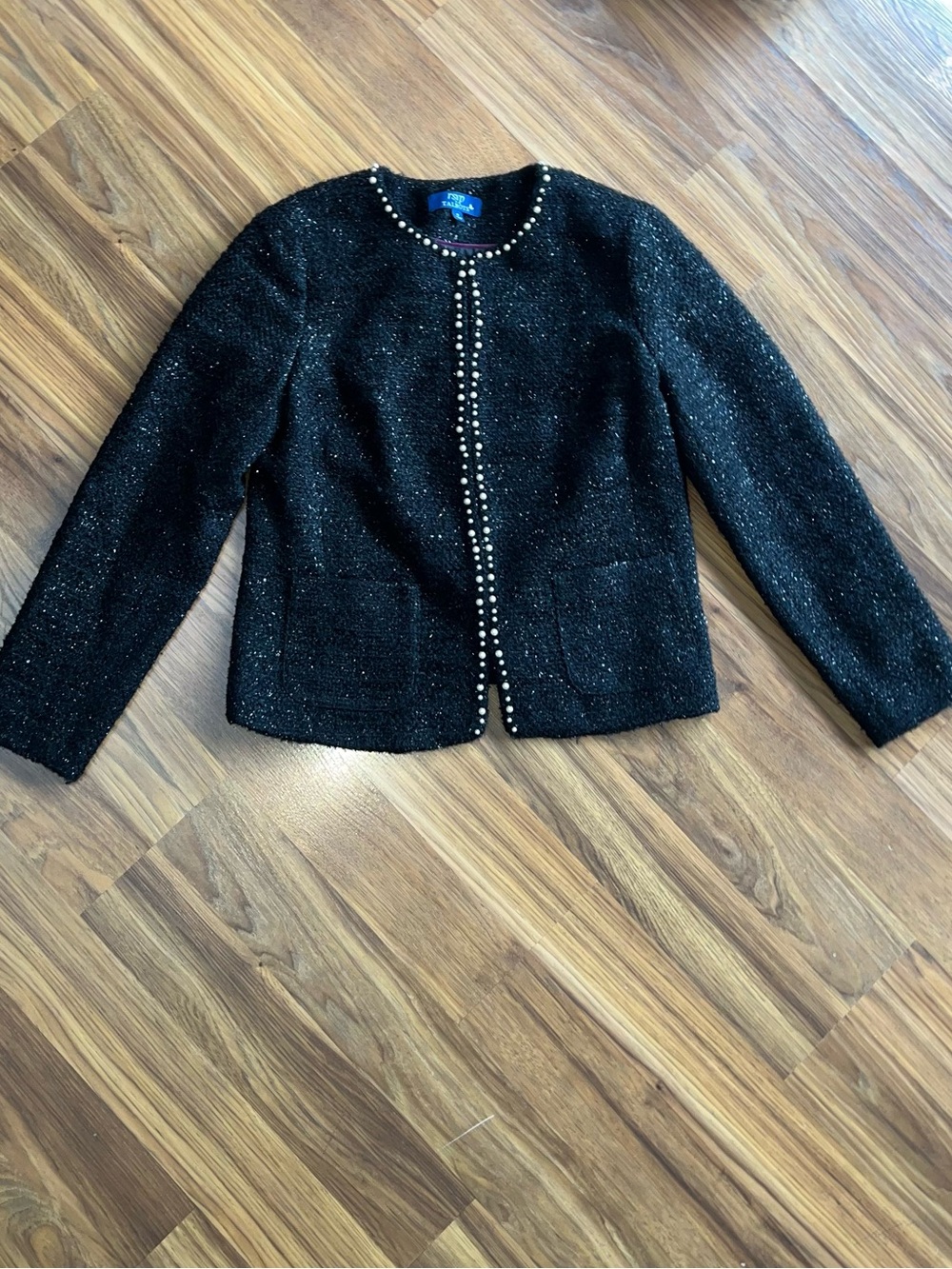 Talbots Black Tweed Pearl-Trim Collarless Jacket
